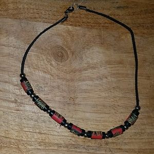 Leather choker with tribal red, black and silver